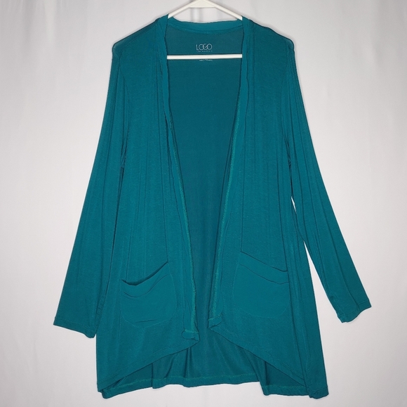 Logo Lori Goldstein Lounge Cardigan Women Medium Jersey Stretch Knit Teal Pocket - Picture 1 of 5